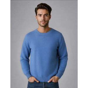 L.L.Bean Men's Sweater XL Blue Ribbed Collar Cuffs Hem Crewneck Preppy Academia